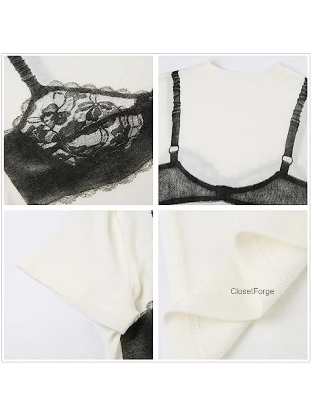 Y2K Lace See-Through Corset Print White Loose Fit Crop Top Tee
